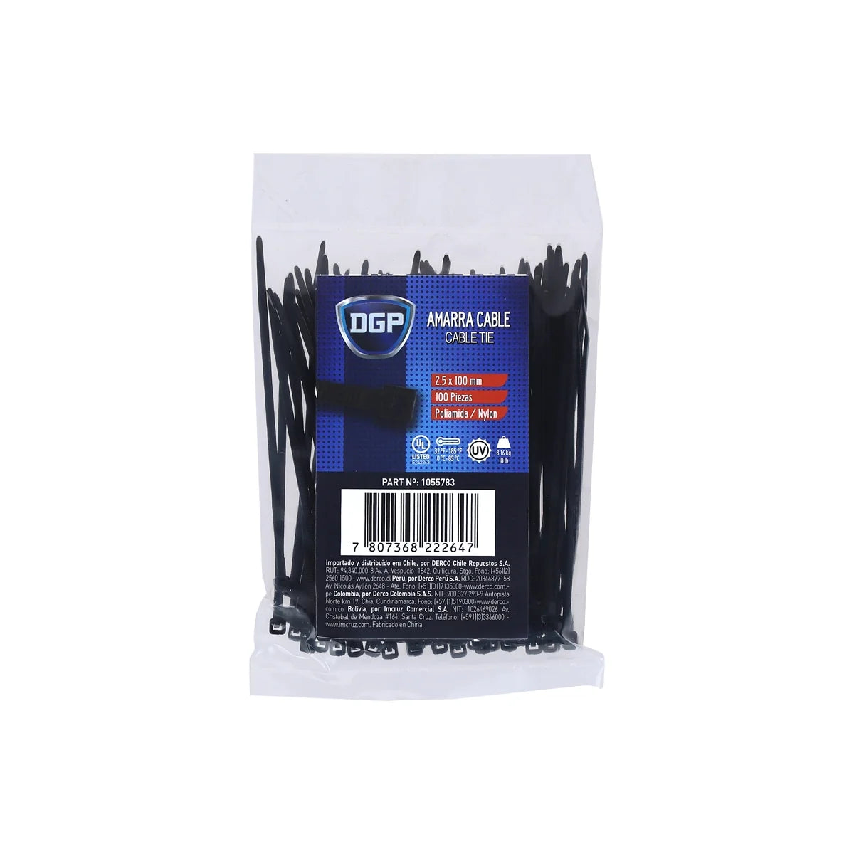 Amarras plásticas DGP 100 × 2,5 mm negras — bolsa de 100