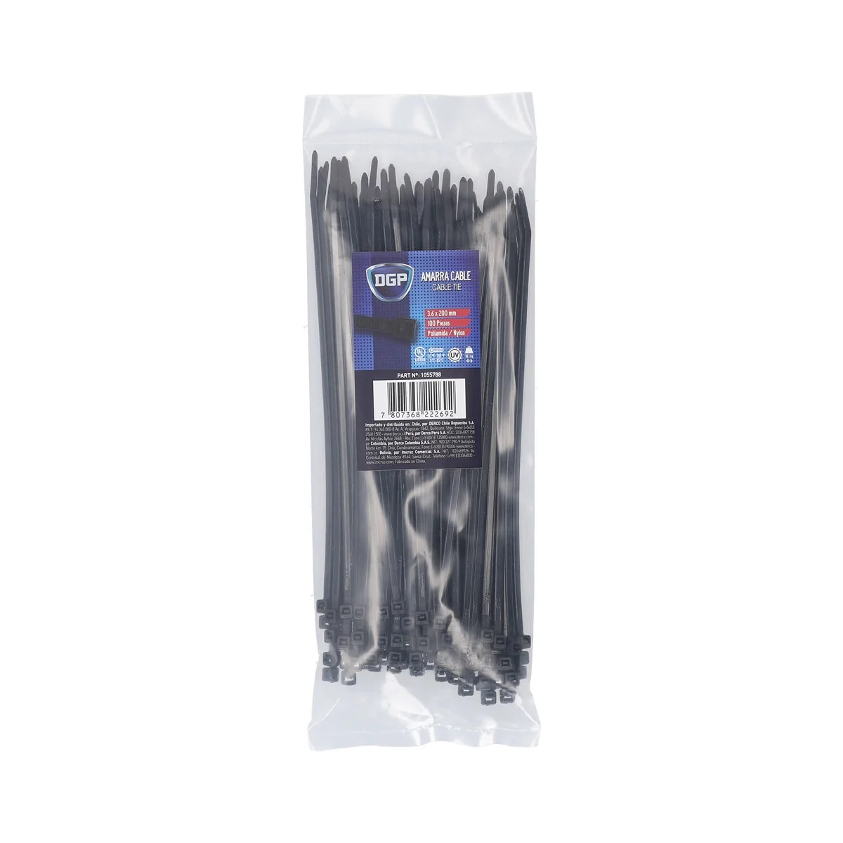 Amarras plásticas DGP 200 × 3,6 mm negras — bolsa de 100